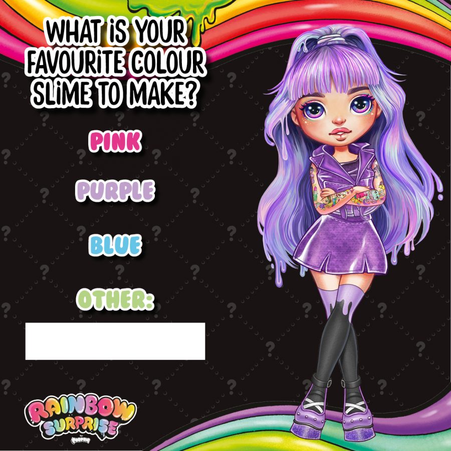Interactive Poopsie slime surprise social media post showing a Rainbow Girls character on a black background and asking the question 'which is your favourite colour slime to make' with the options pink, purple, blue and other